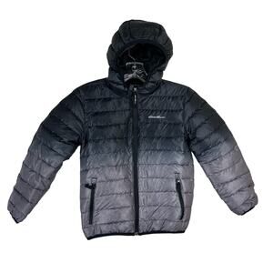 Eddie Bauer Boys Down Winter Puffer Jacket Size S 7/8 Black Gray Reversible